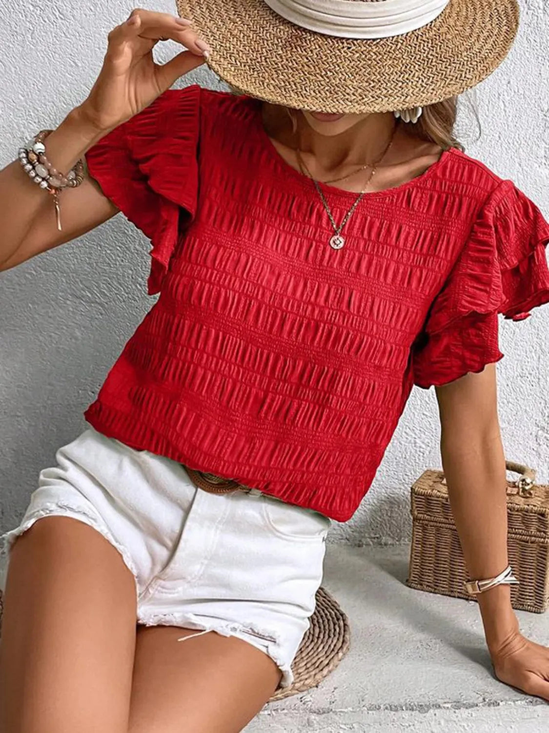 Round Neck Ruffled Short Sleeve Top.
