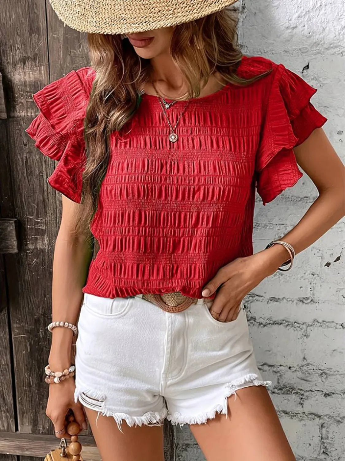 Round Neck Ruffled Short Sleeve Top.