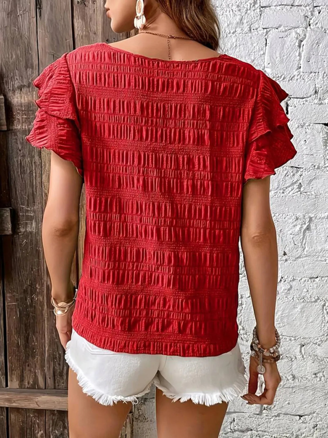 Round Neck Ruffled Short Sleeve Top.