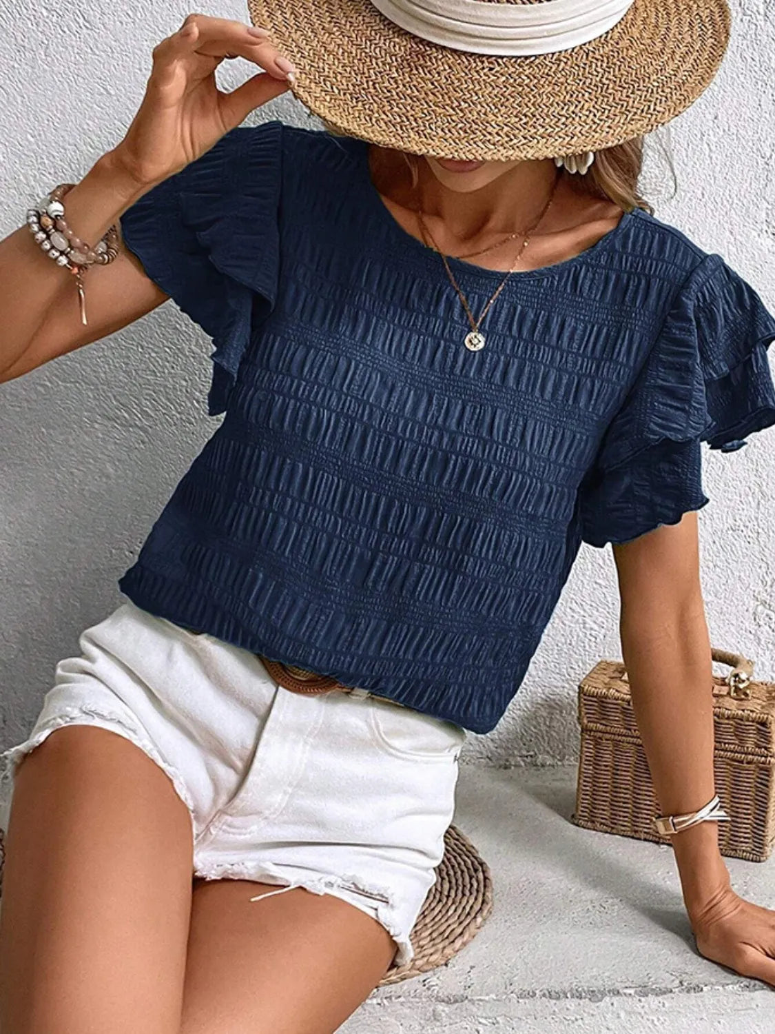 Round Neck Ruffled Short Sleeve Top.