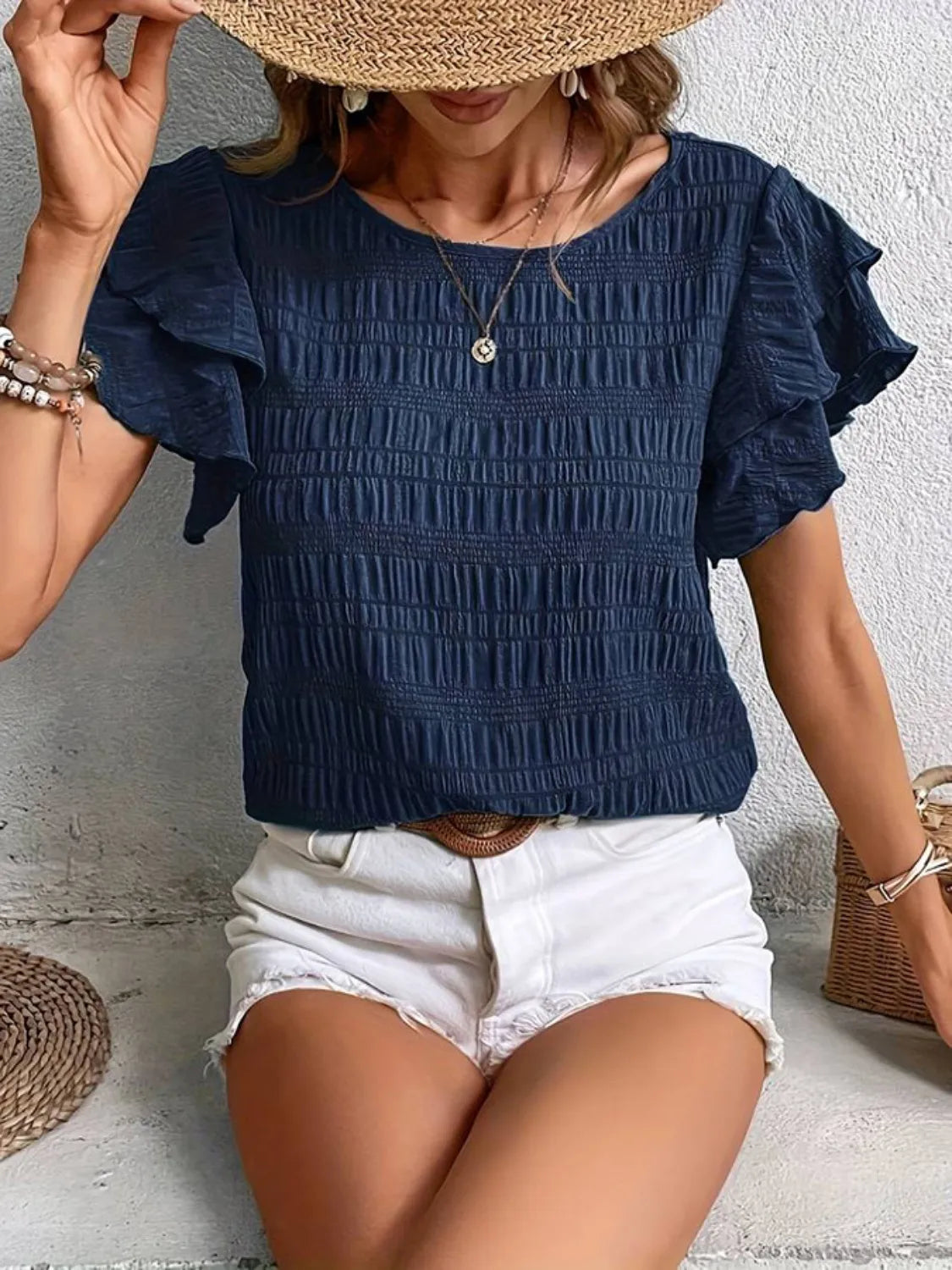 Round Neck Ruffled Short Sleeve Top.
