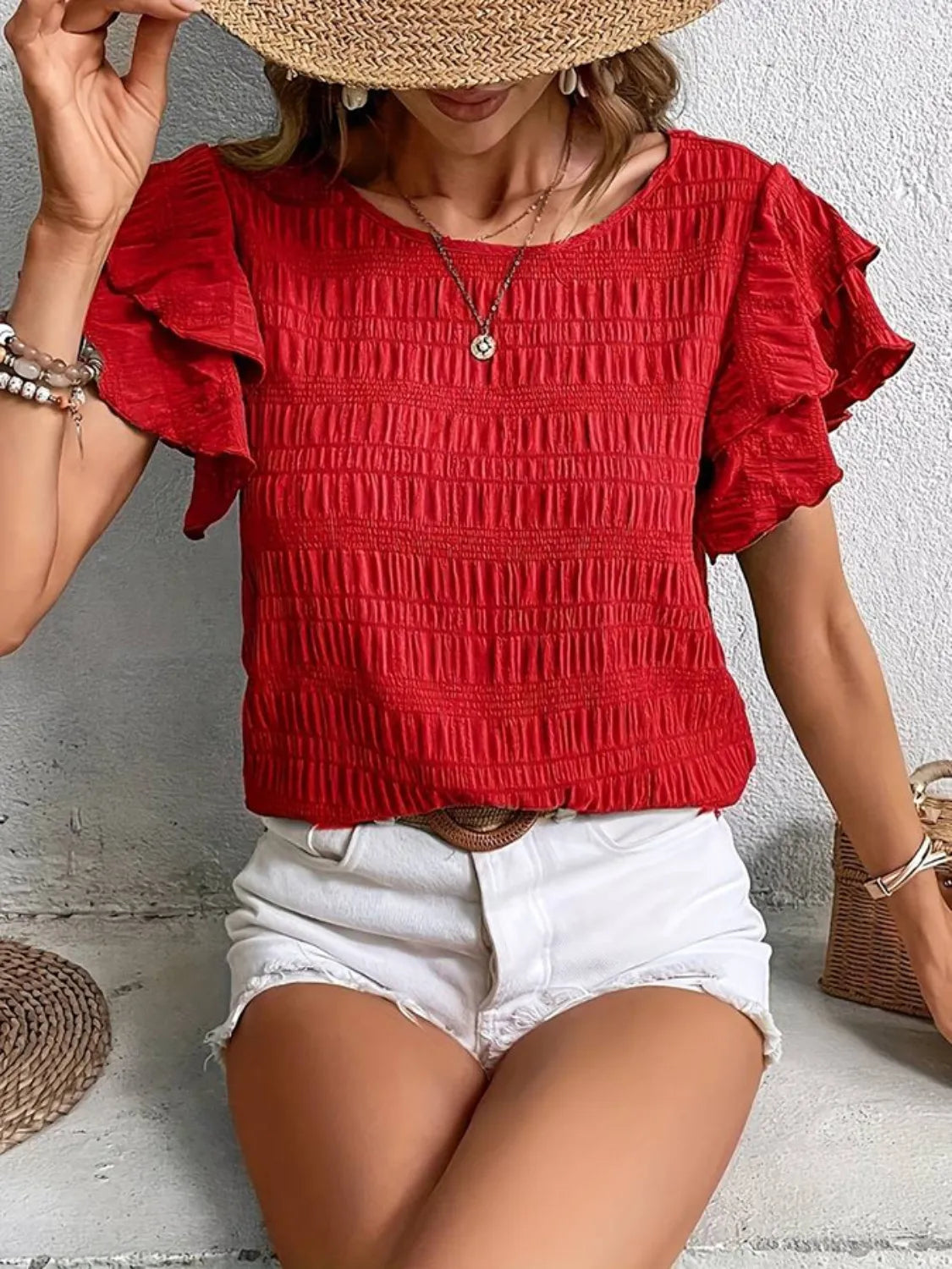 Round Neck Ruffled Short Sleeve Top.