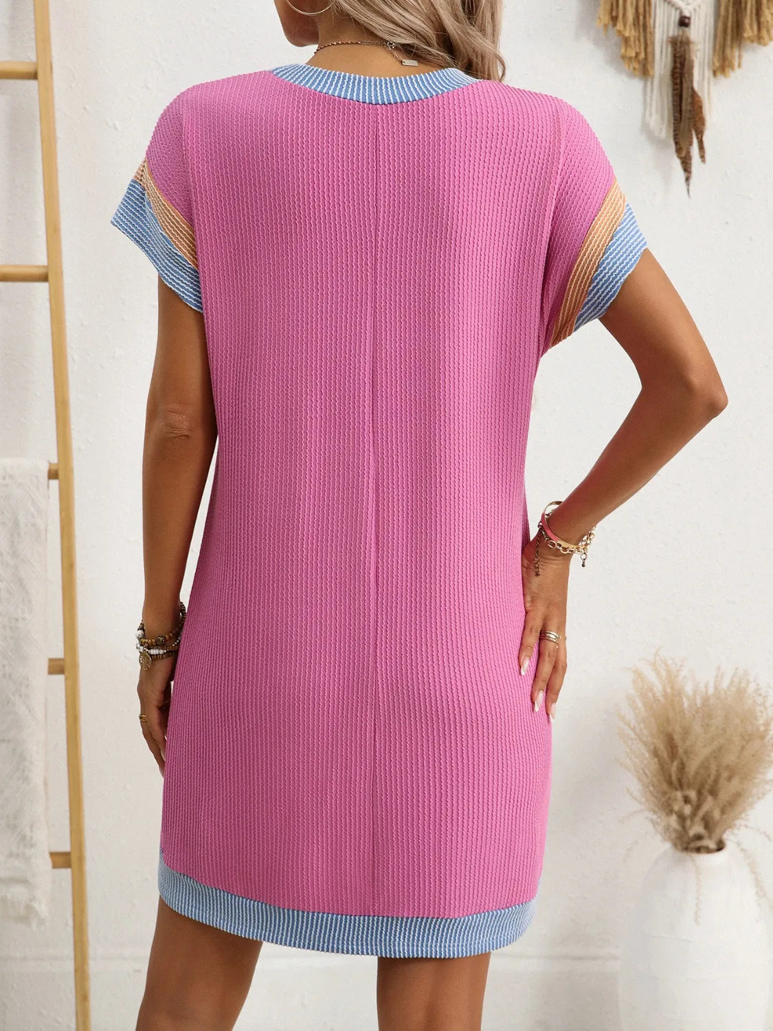 Round Neck Short Sleeve Mini Dress.