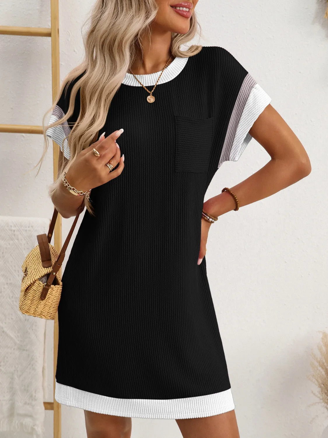 Round Neck Short Sleeve Mini Dress.