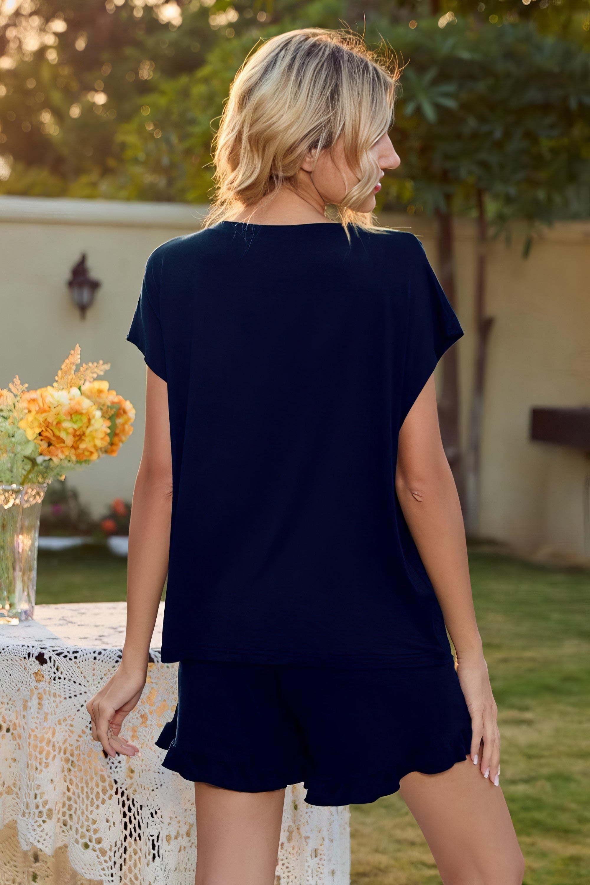 Women's round neck short sleeve t-shirt and drawstring shorts lounge set with frill