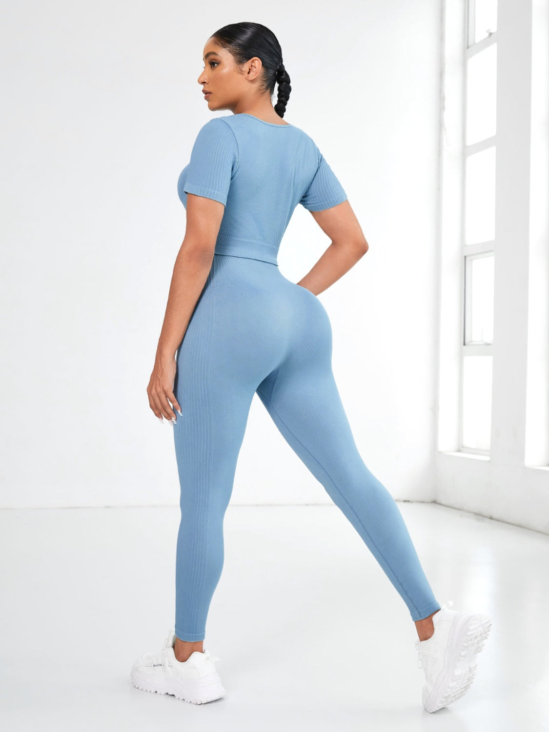Round Neck Short Sleeve Top and Leggings Active Set.