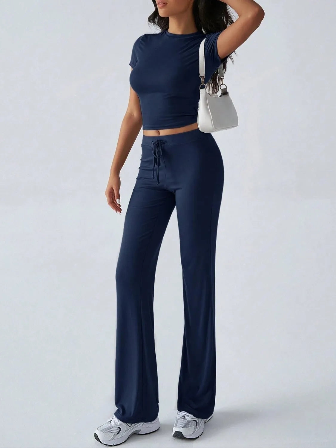 Round Neck Short Sleeve Top and Pants Set.
