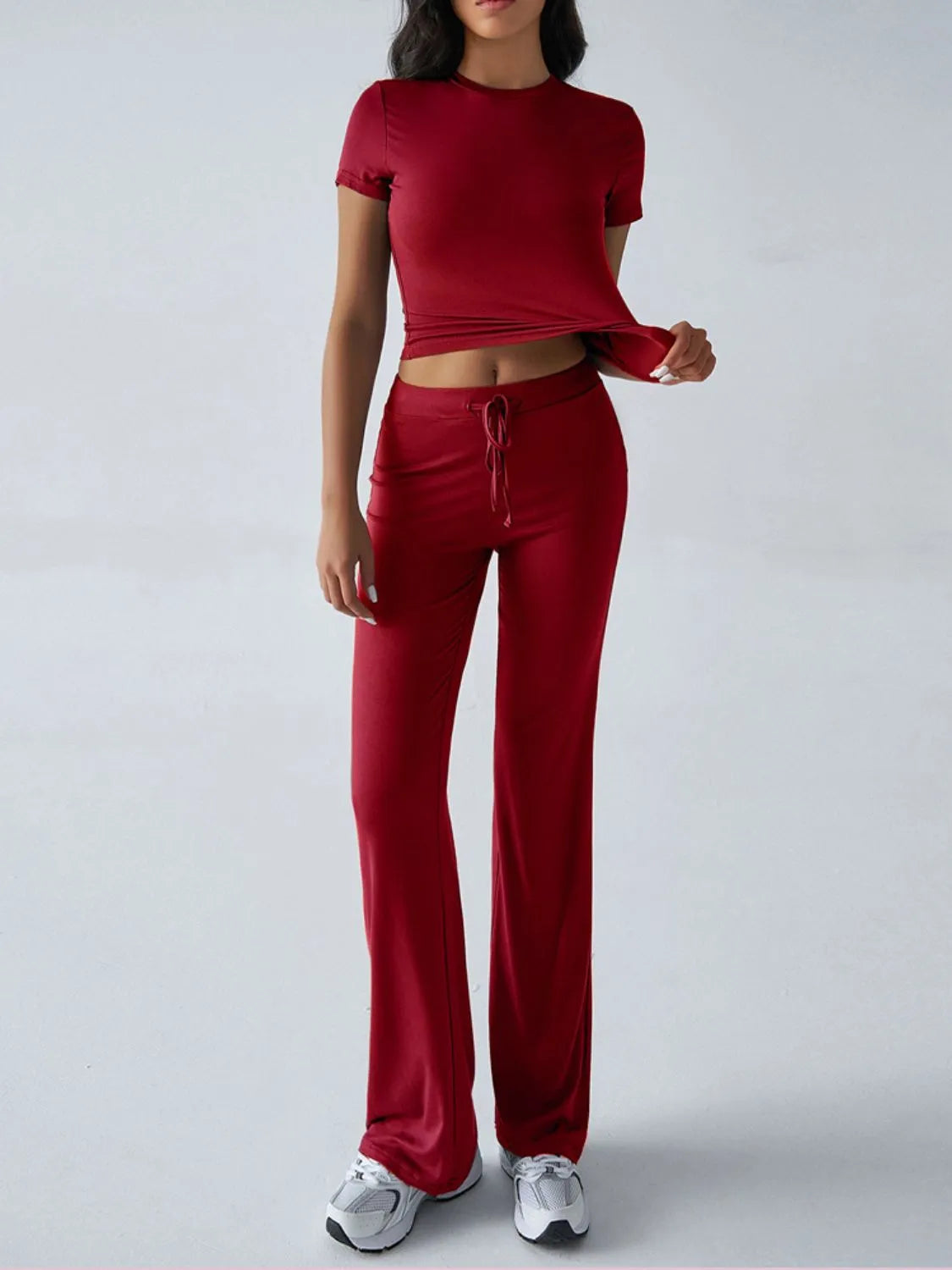 Round Neck Short Sleeve Top and Pants Set.
