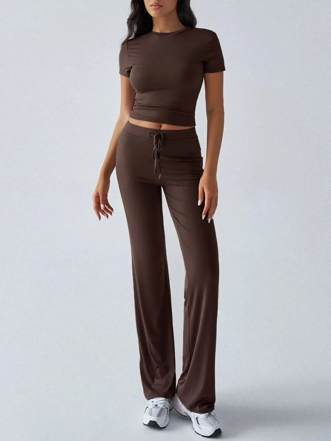 Round Neck Short Sleeve Top and Pants Set.