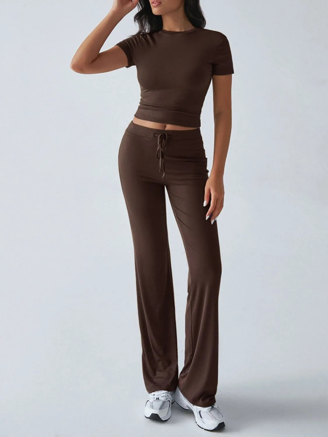 Round Neck Short Sleeve Top and Pants Set.