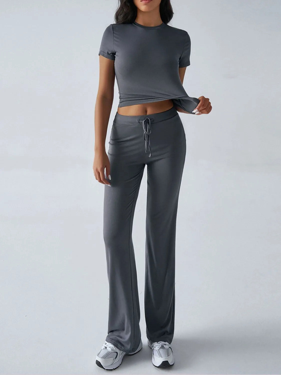 Round Neck Short Sleeve Top and Pants Set.