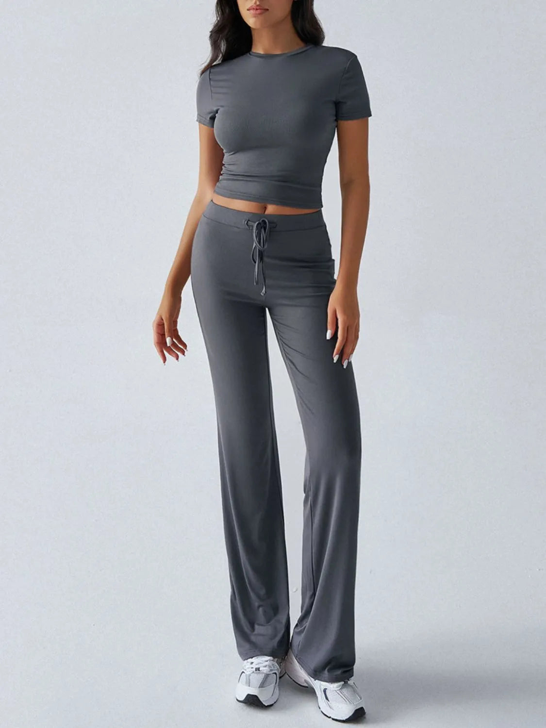 Round Neck Short Sleeve Top and Pants Set.
