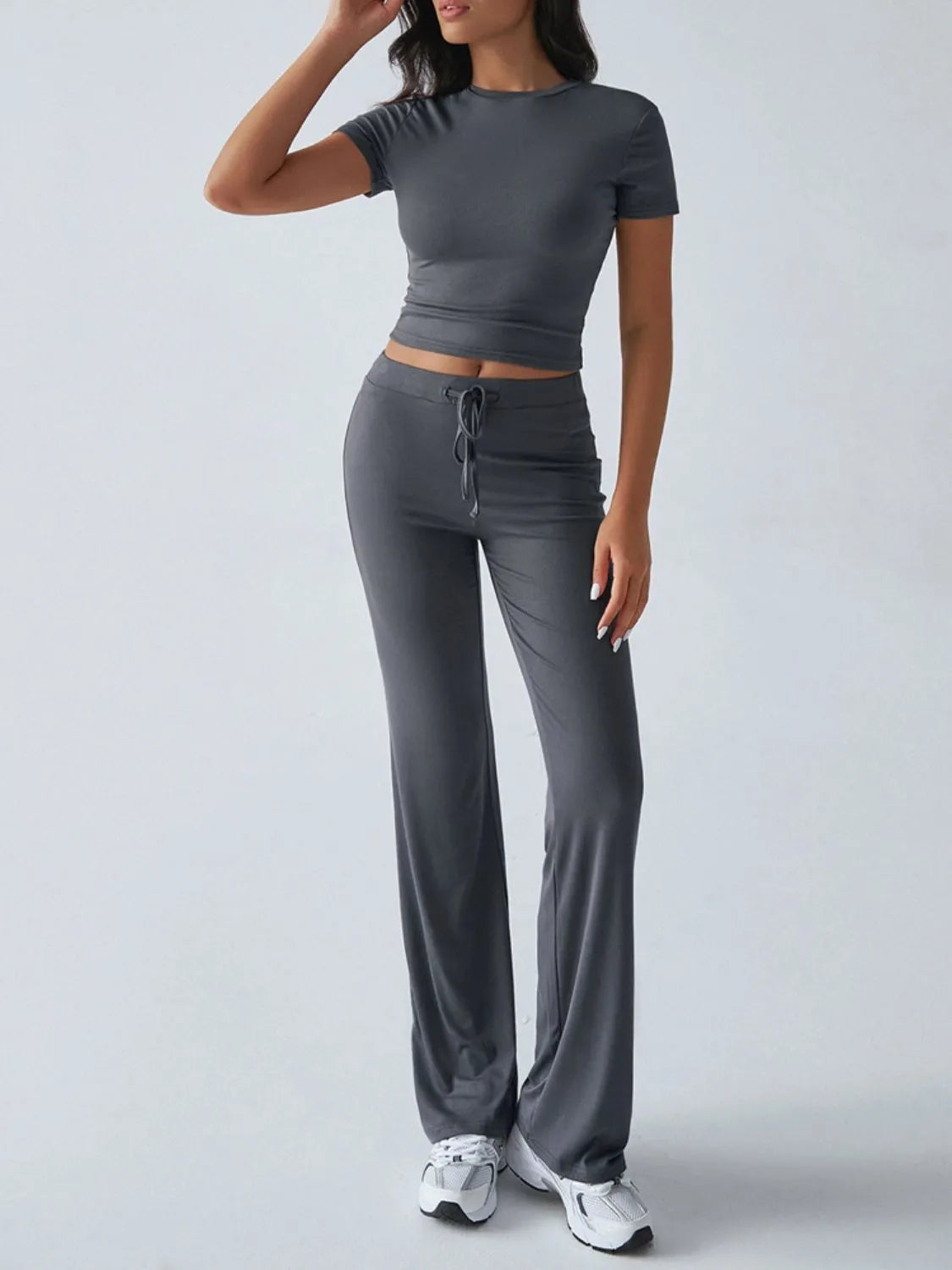 Round Neck Short Sleeve Top and Pants Set.