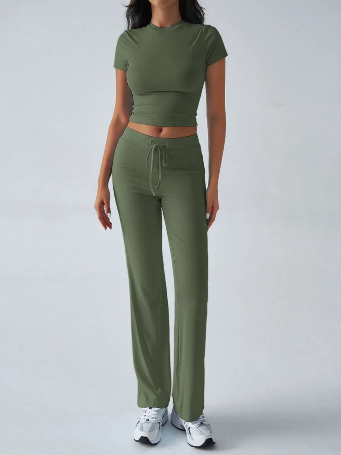 Round Neck Short Sleeve Top and Pants Set.