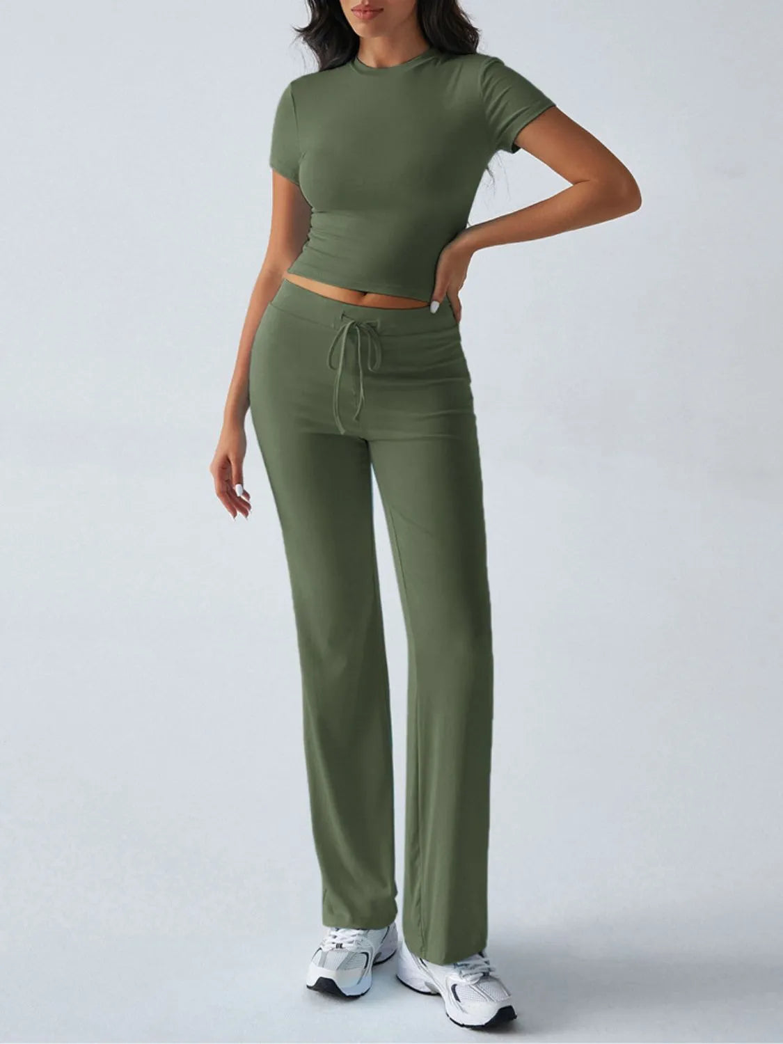 Round Neck Short Sleeve Top and Pants Set.