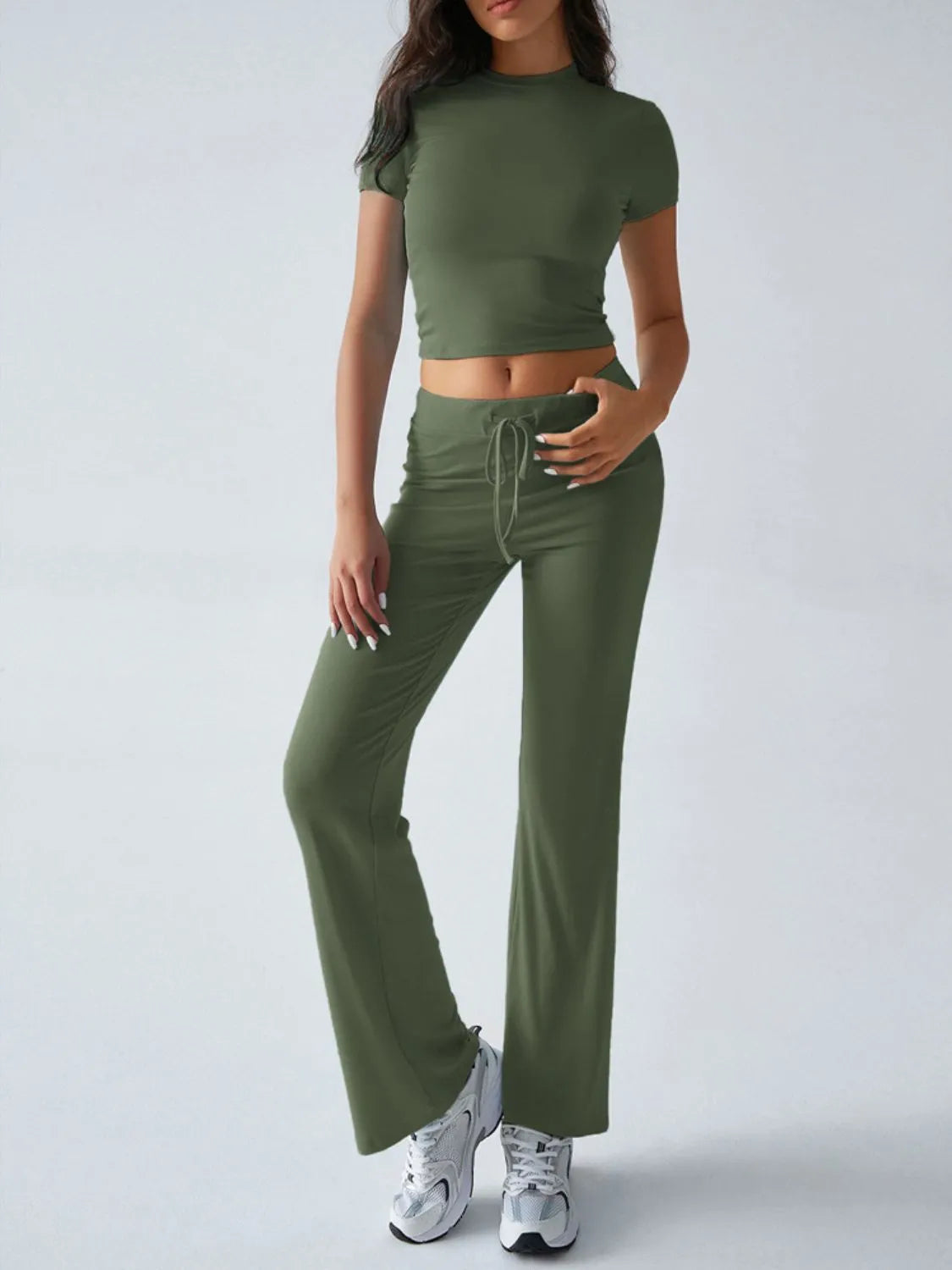 Round Neck Short Sleeve Top and Pants Set.
