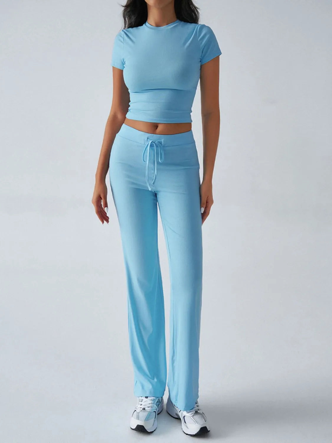 Round Neck Short Sleeve Top and Pants Set.