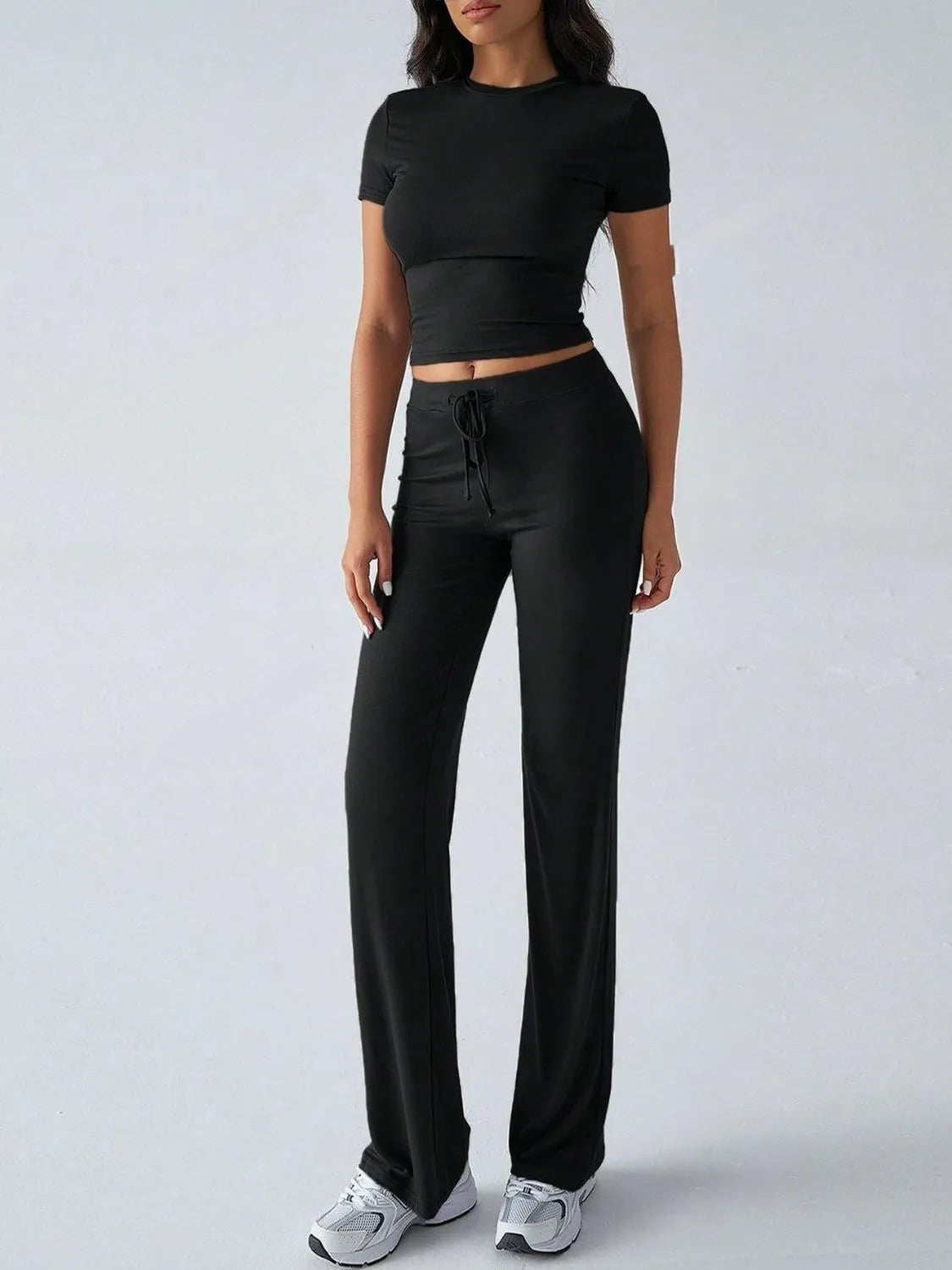 Round Neck Short Sleeve Top and Pants Set.