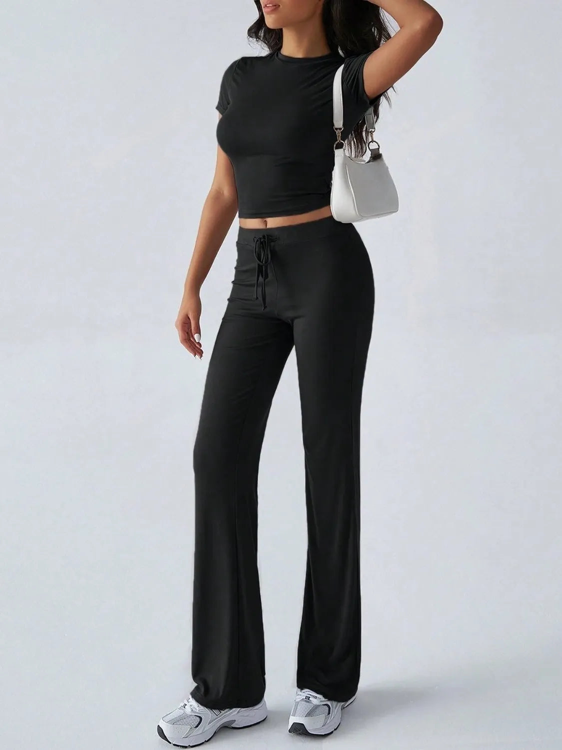 Round Neck Short Sleeve Top and Pants Set.