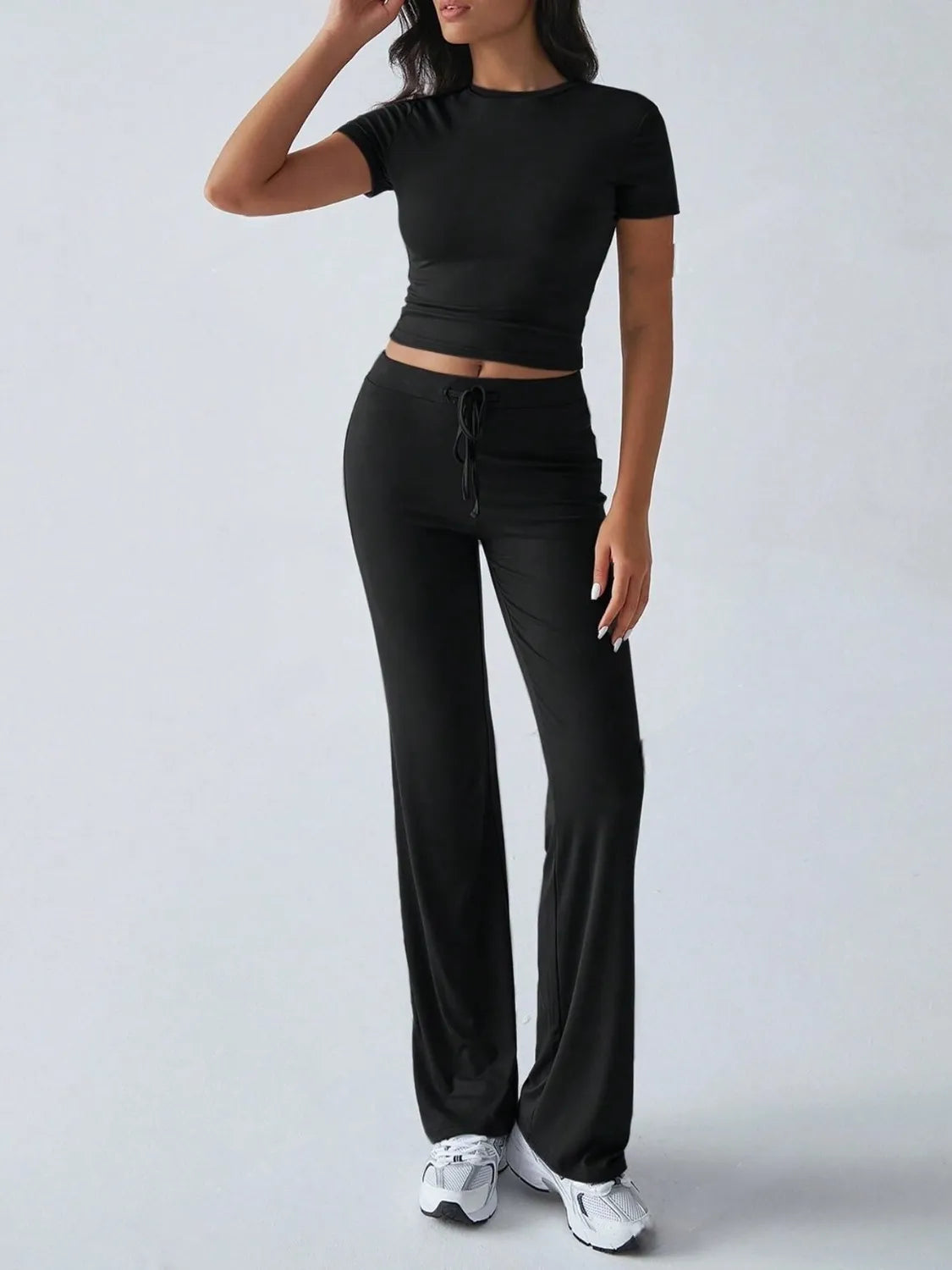 Round Neck Short Sleeve Top and Pants Set.
