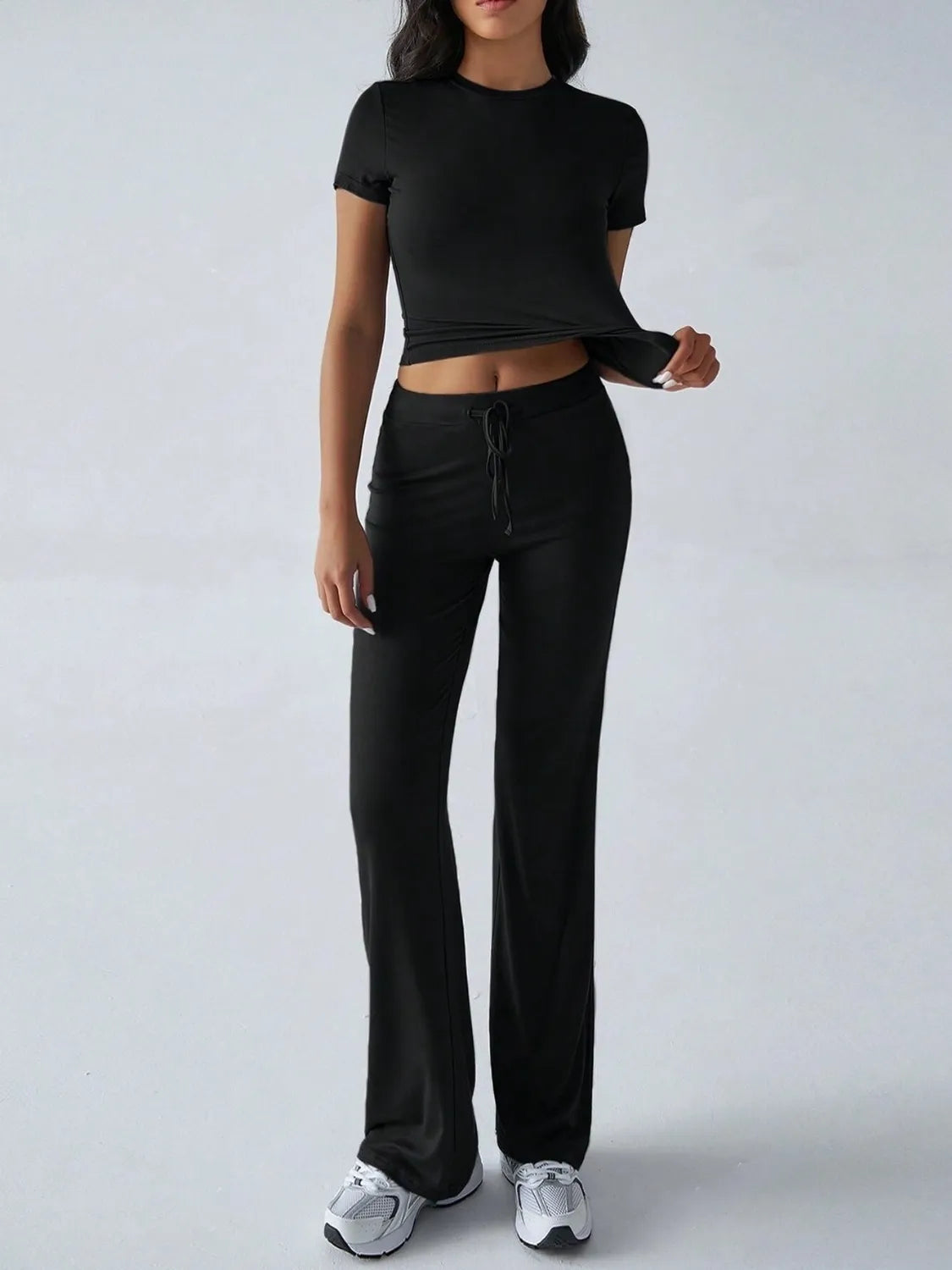 Round Neck Short Sleeve Top and Pants Set.