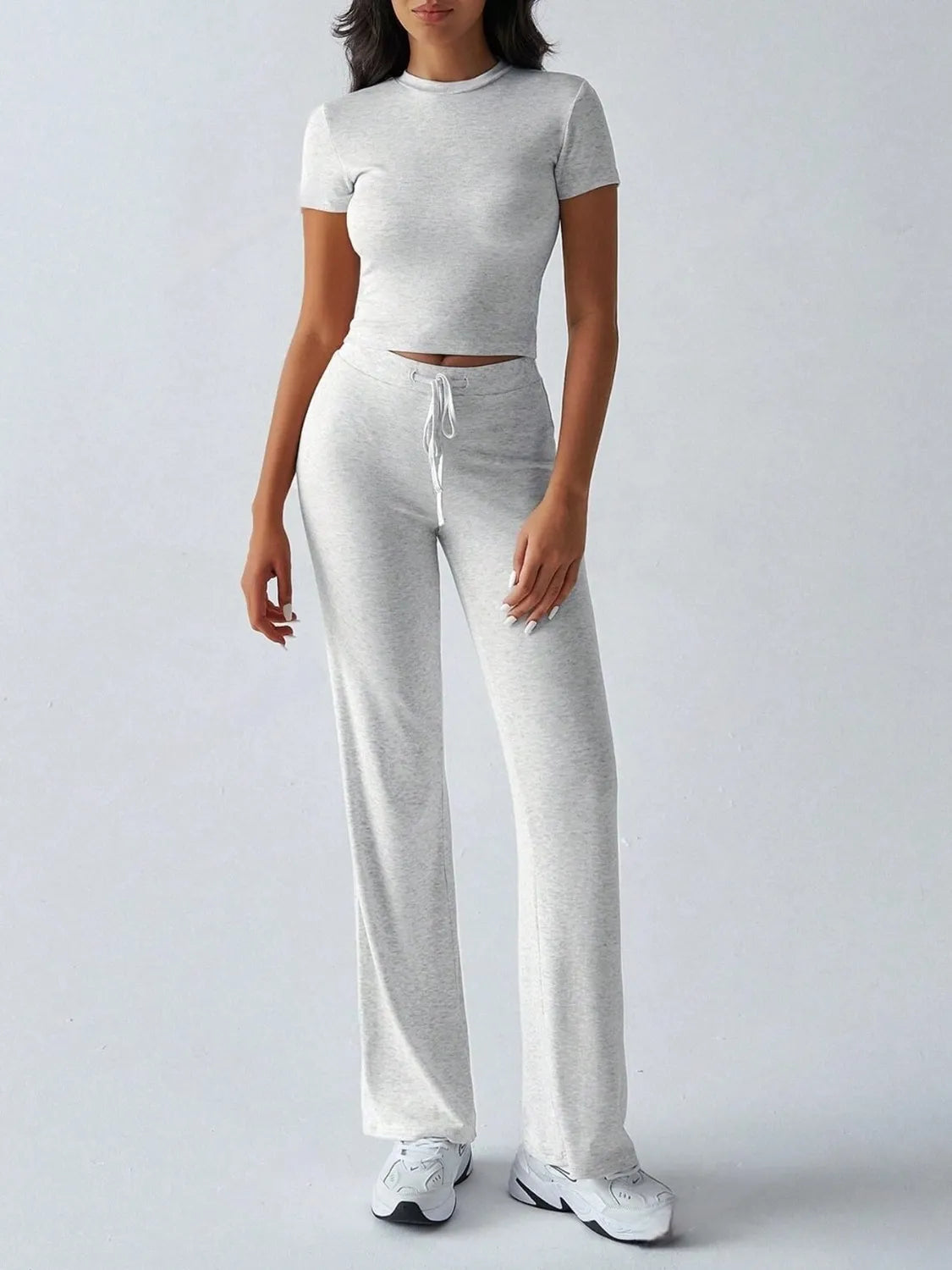 Round Neck Short Sleeve Top and Pants Set.