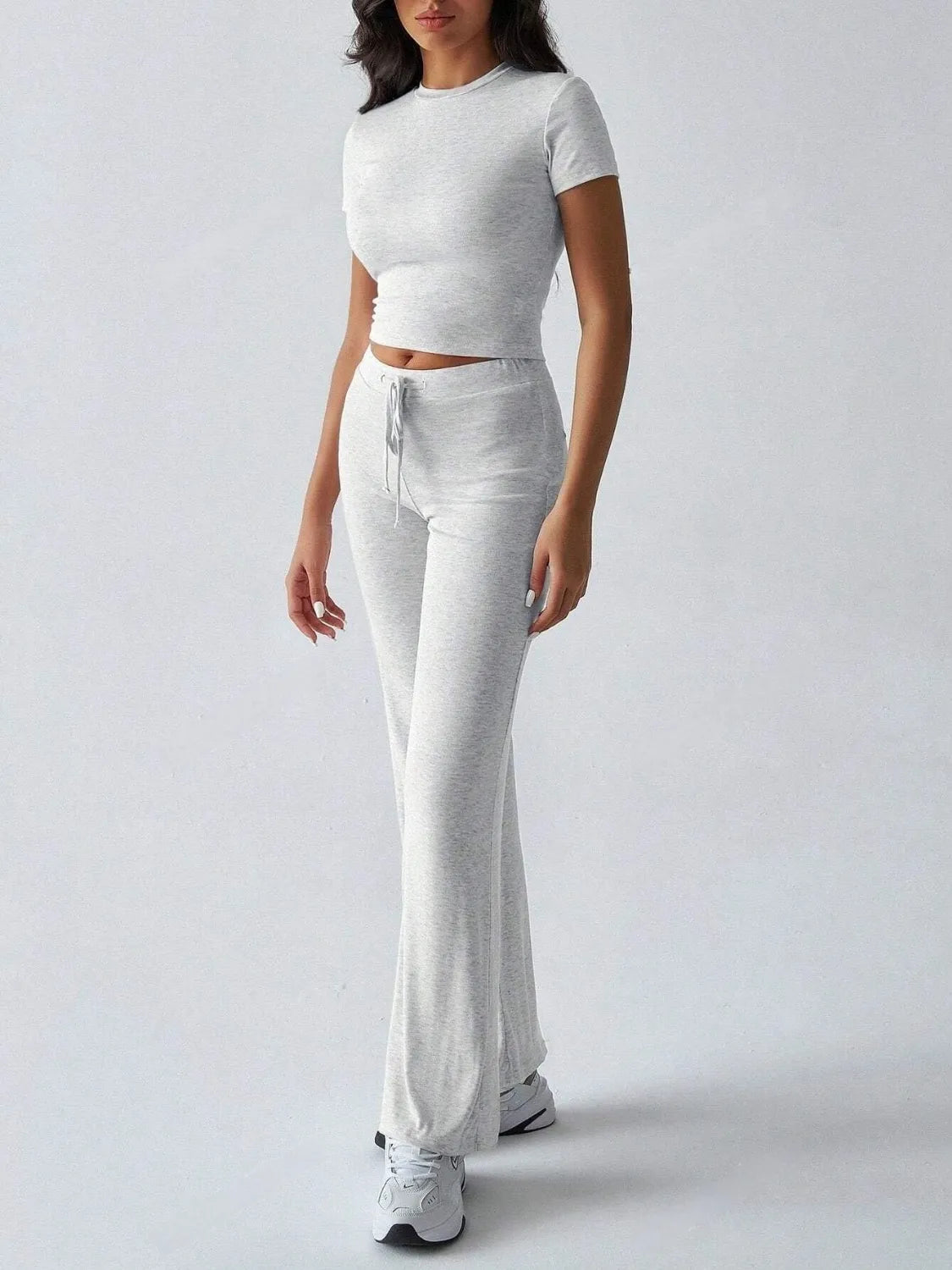 Round Neck Short Sleeve Top and Pants Set.