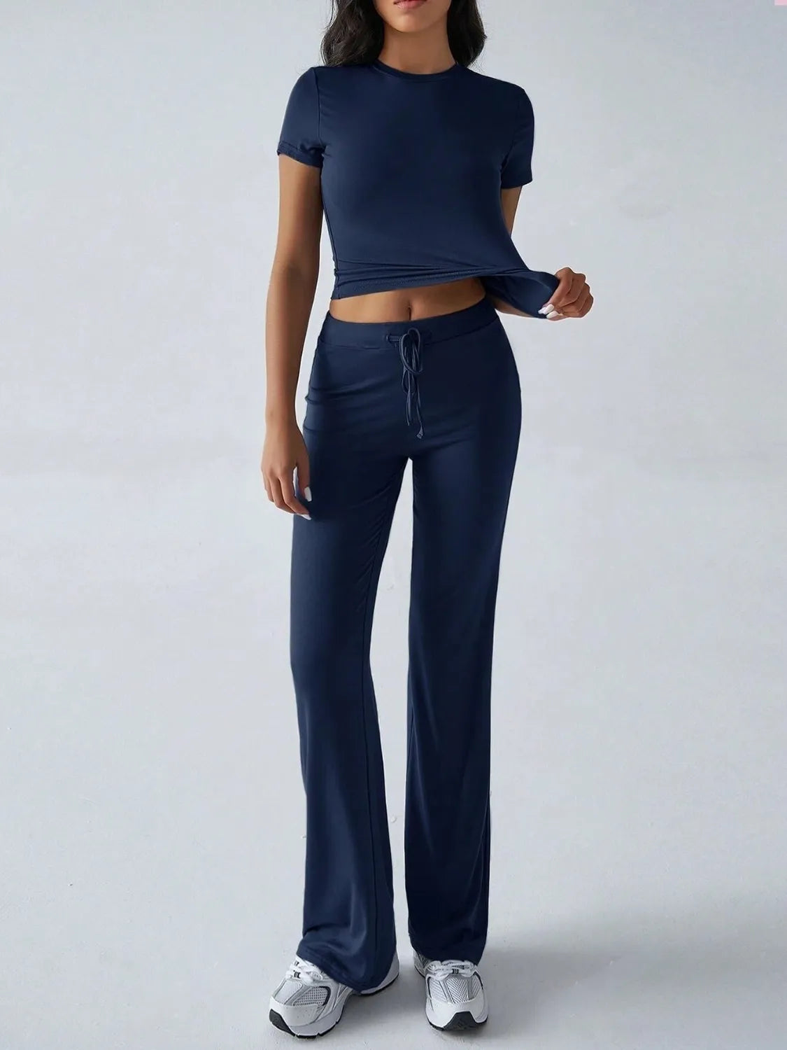 Round Neck Short Sleeve Top and Pants Set.