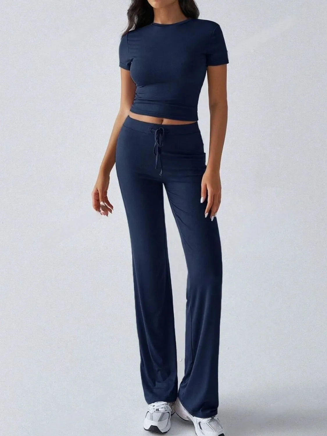 Round Neck Short Sleeve Top and Pants Set.
