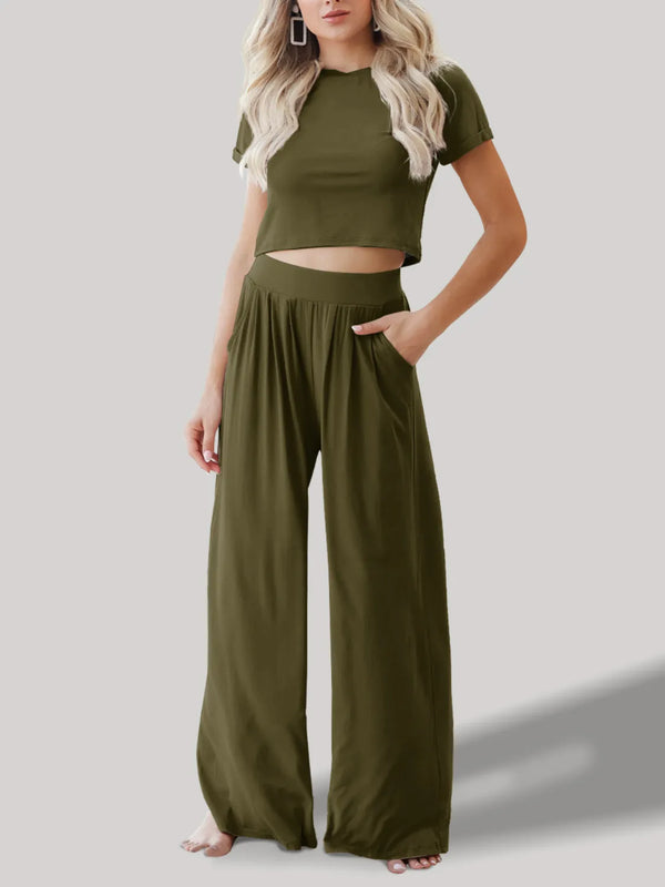 Round Neck Short Sleeve Top and Pants Set.