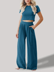 Round Neck Short Sleeve Top and Pants Set.