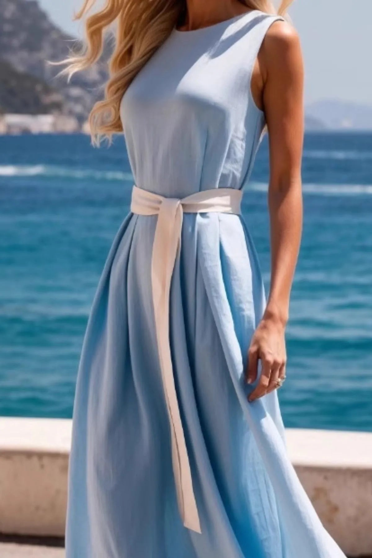 Round Neck Sleeveless Midi Dress.