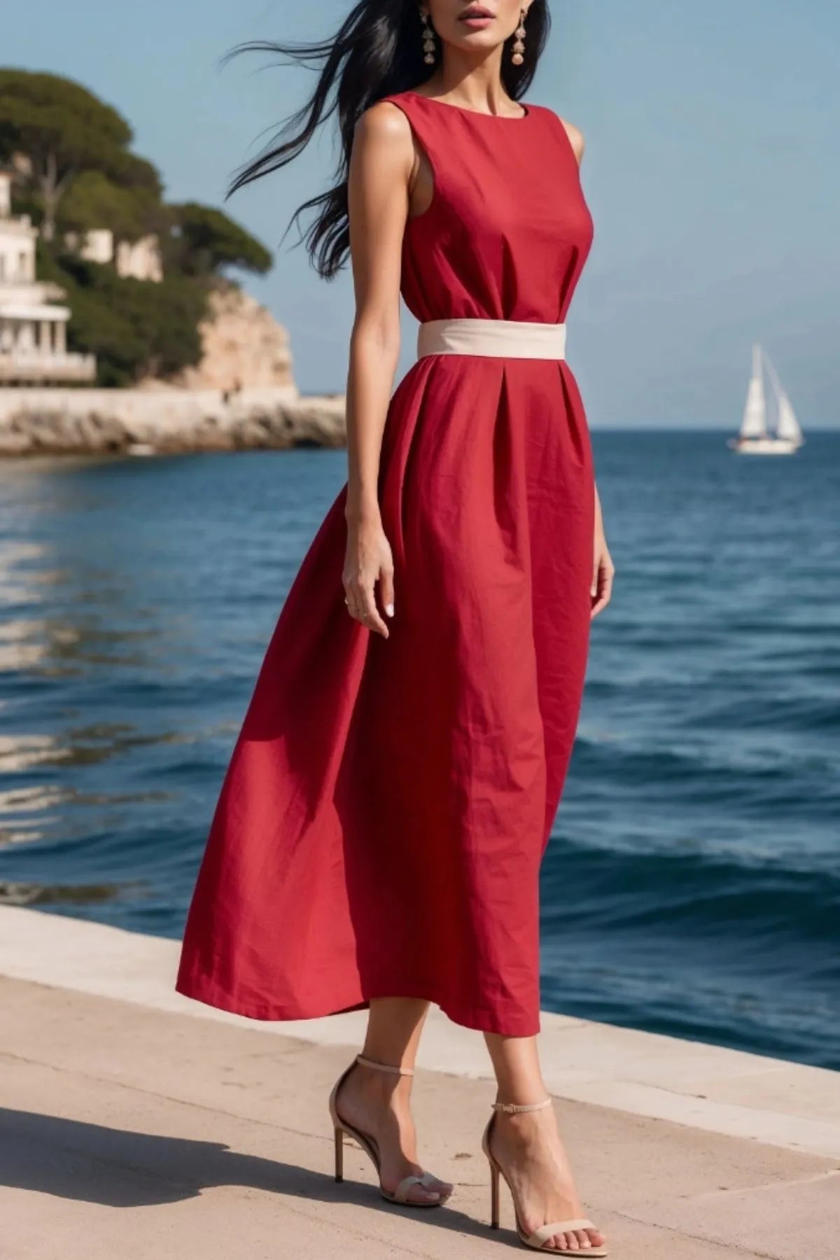 Round Neck Sleeveless Midi Dress.