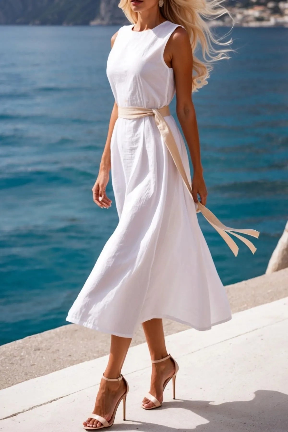 Round Neck Sleeveless Midi Dress.