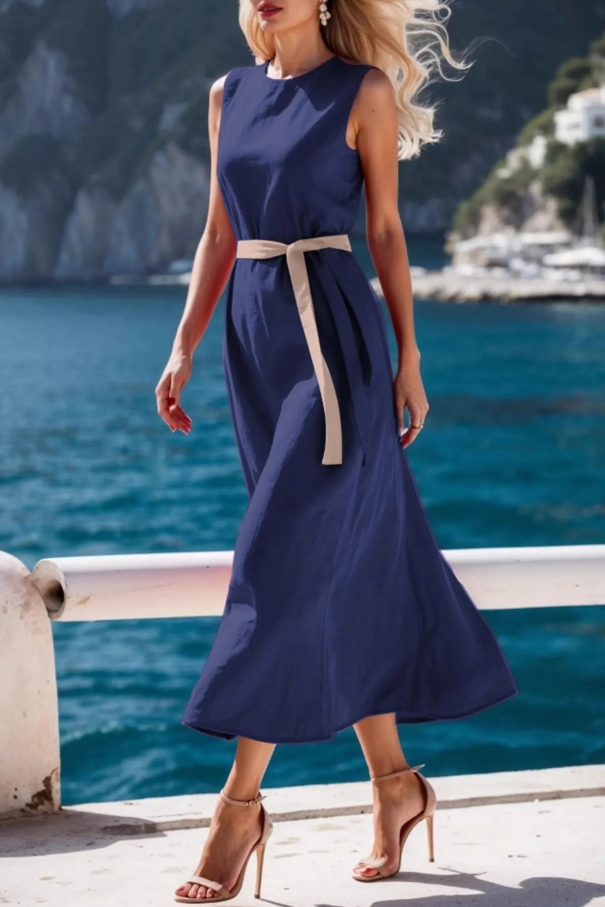 Round Neck Sleeveless Midi Dress.