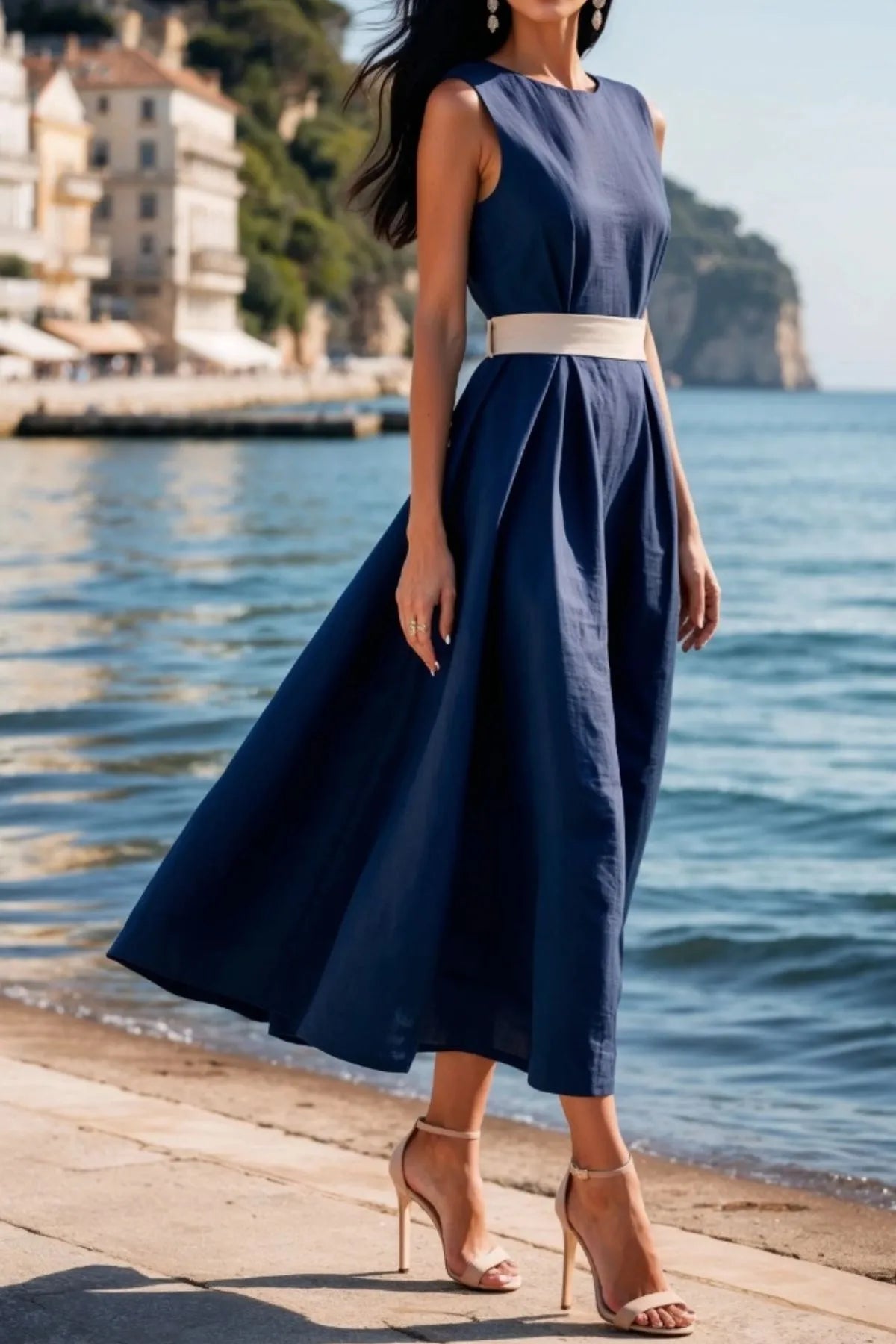 Round Neck Sleeveless Midi Dress.