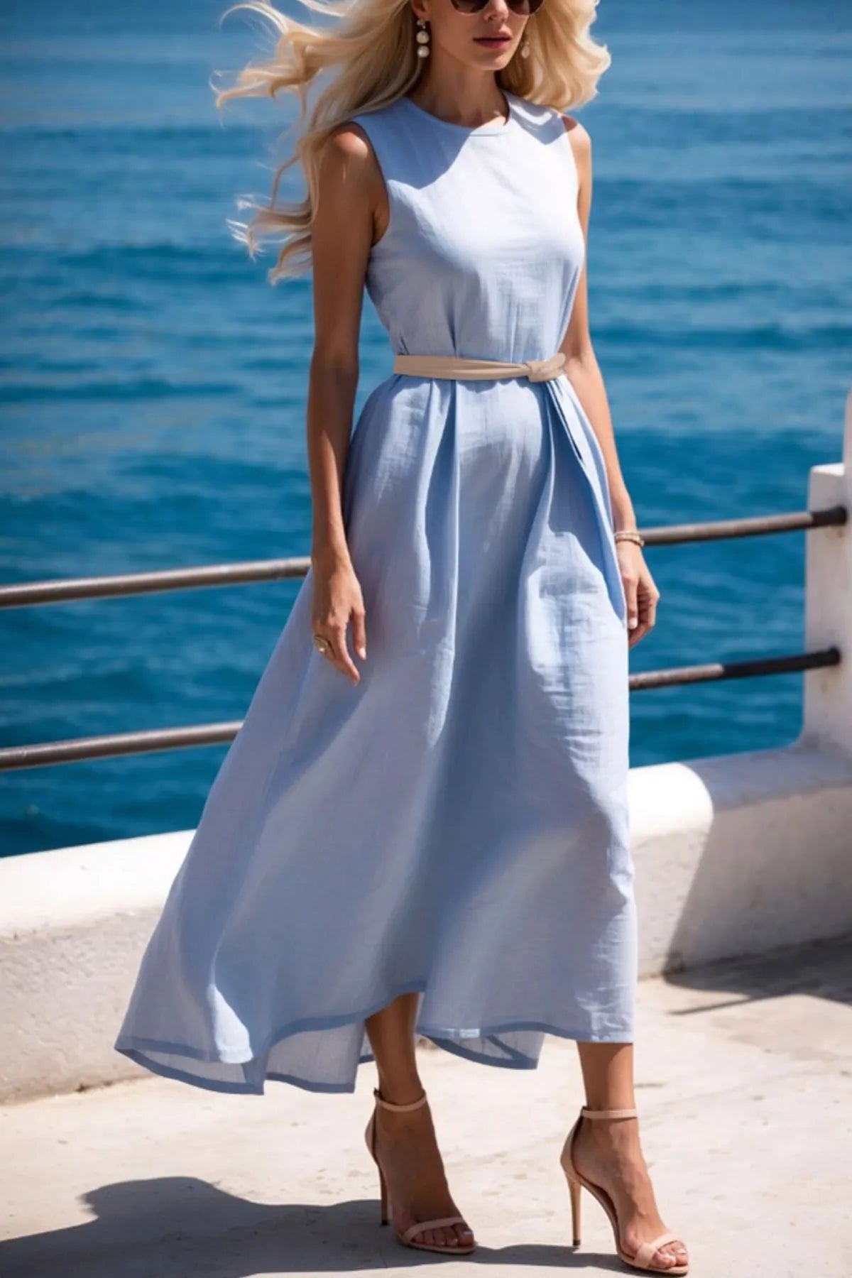 Round Neck Sleeveless Midi Dress.