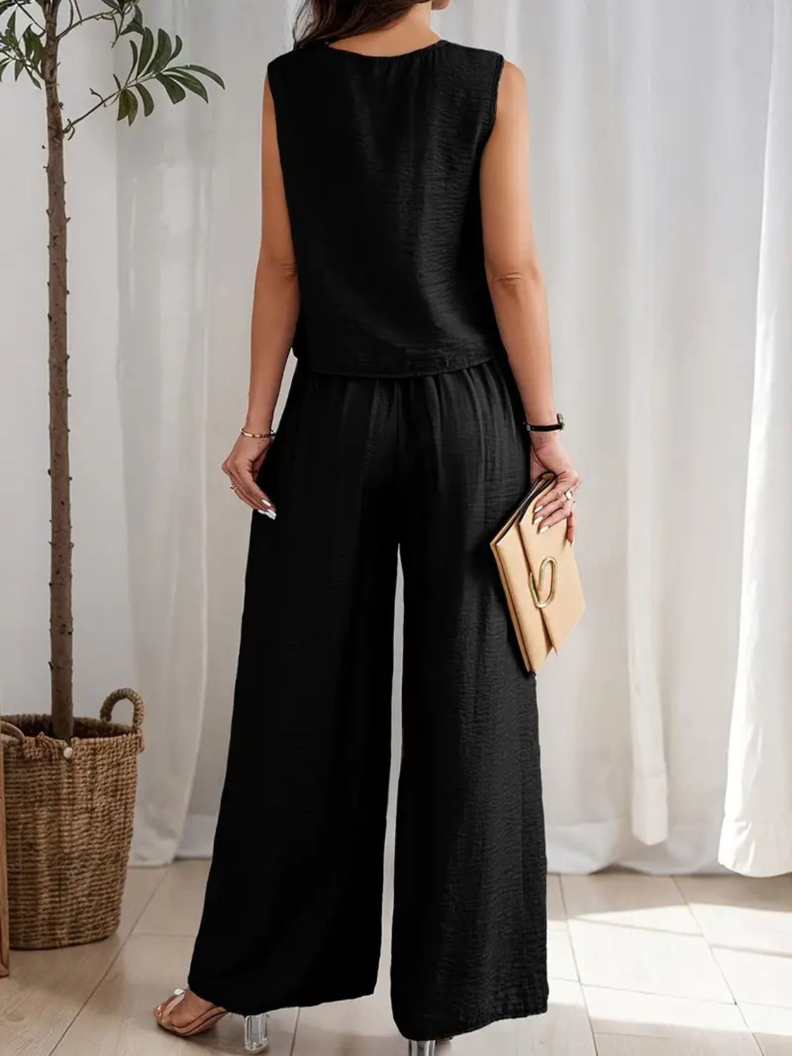 Round Neck Sleeveless Top and Wide Leg Pants Set.