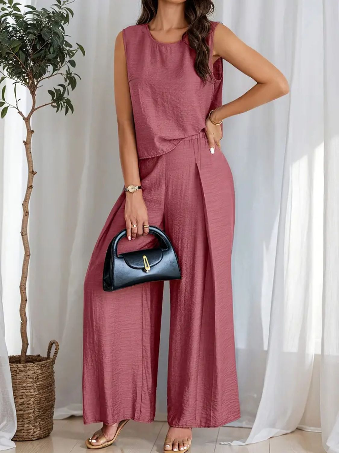 Round Neck Sleeveless Top and Wide Leg Pants Set.