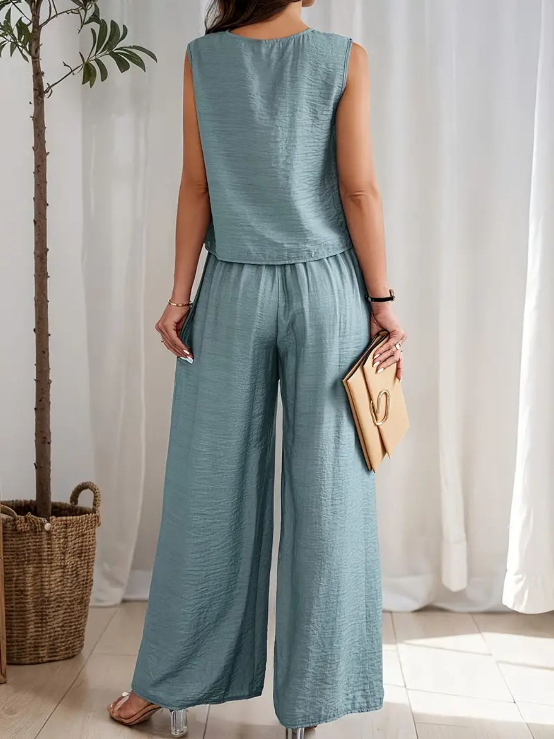 Round Neck Sleeveless Top and Wide Leg Pants Set.