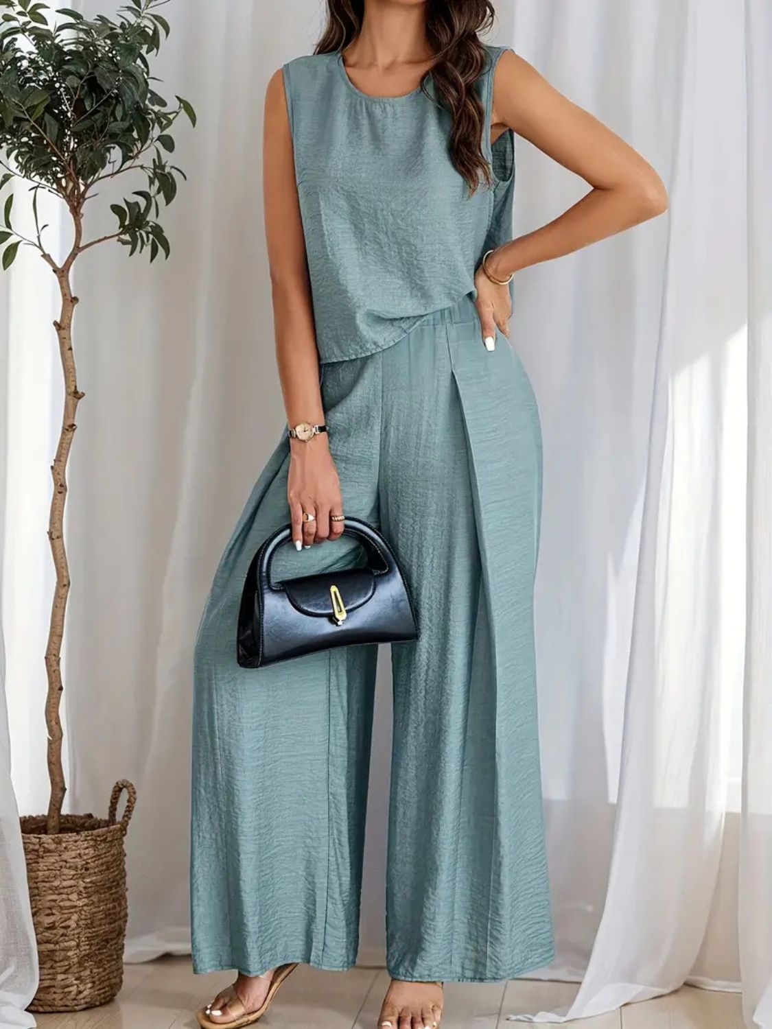 Round Neck Sleeveless Top and Wide Leg Pants Set.