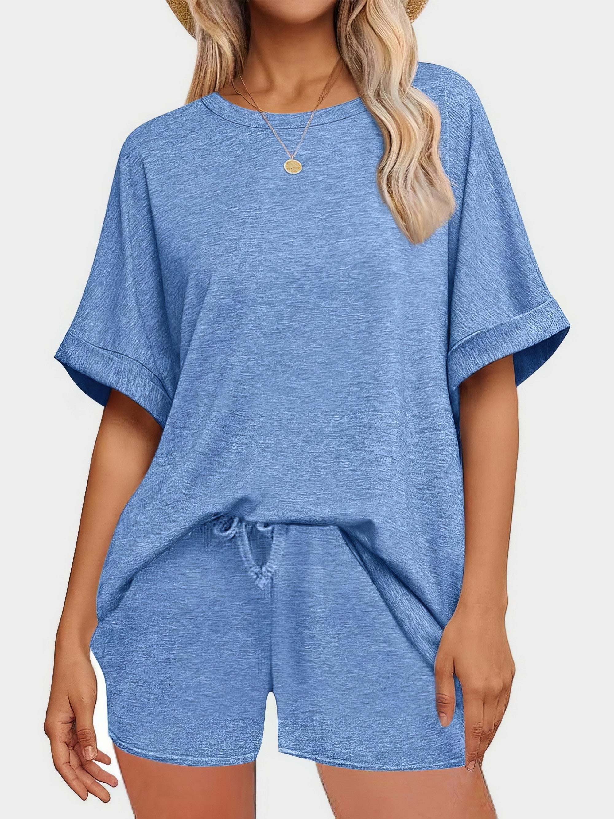 Women's round neck t-shirt and drawstring shorts two-piece set