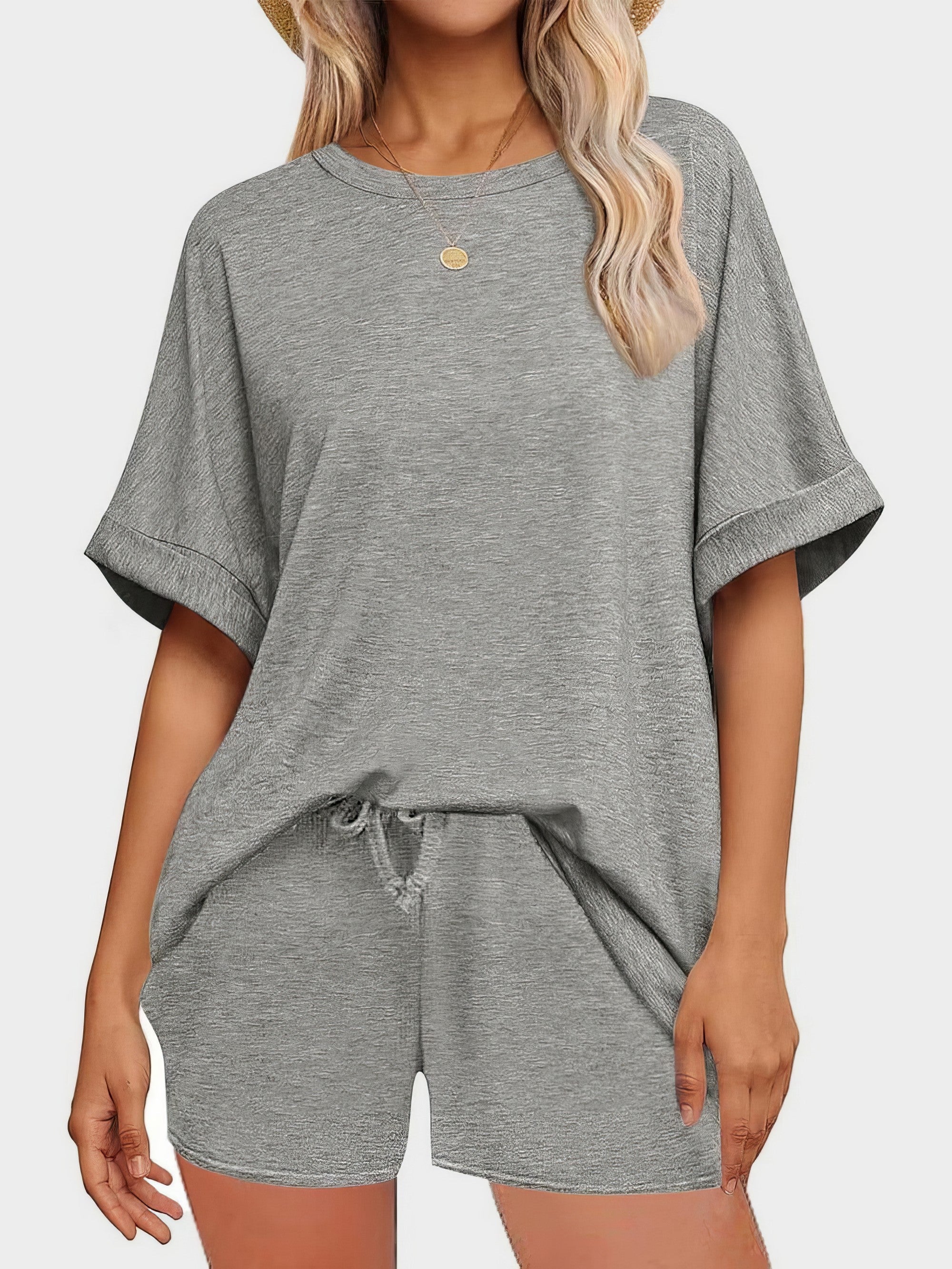 Women's round neck t-shirt and drawstring shorts two-piece set