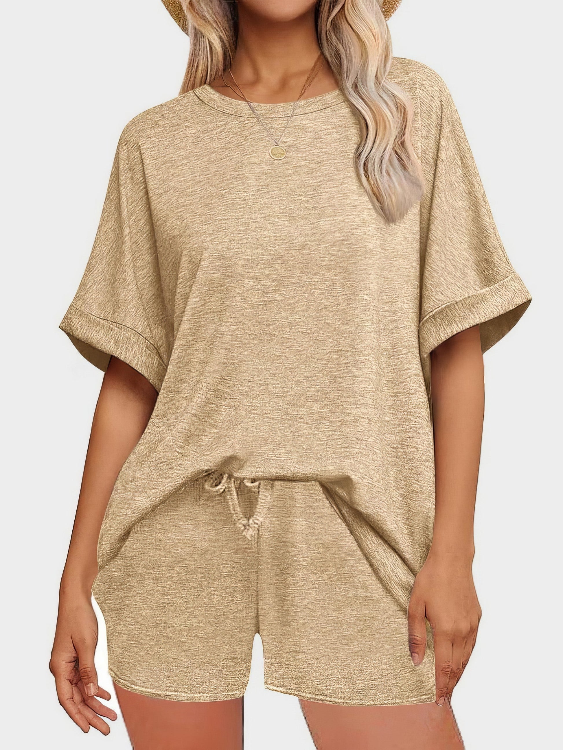 Women's round neck t-shirt and drawstring shorts two-piece set