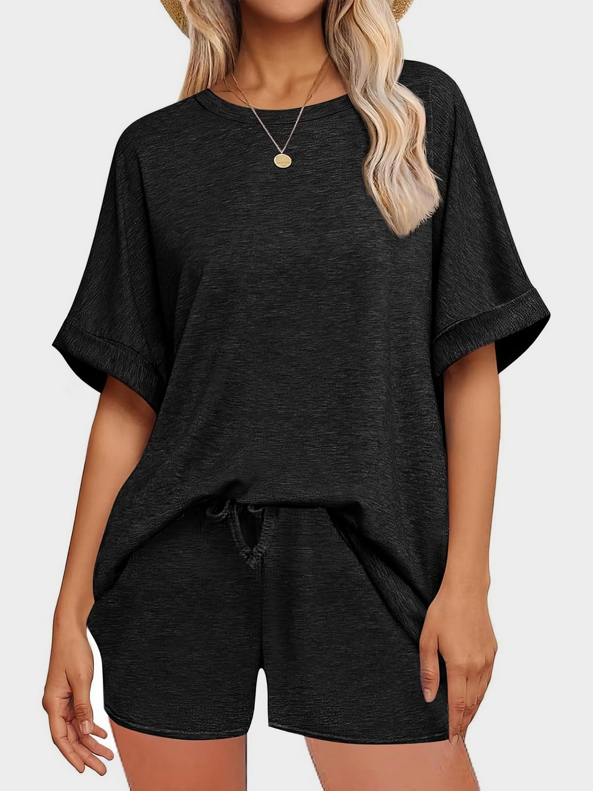 Women's round neck t-shirt and drawstring shorts two-piece set
