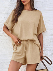 Women's round neck t-shirt and drawstring shorts two-piece set