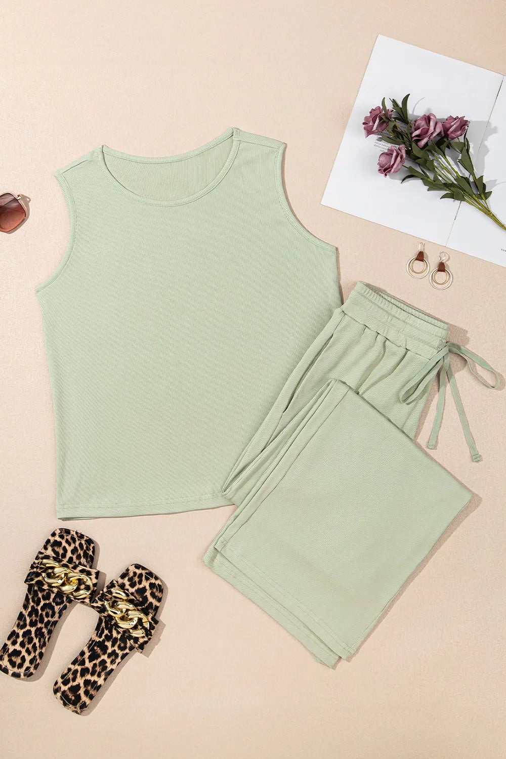 Round Neck Tank Top and High Waist Pants Set.