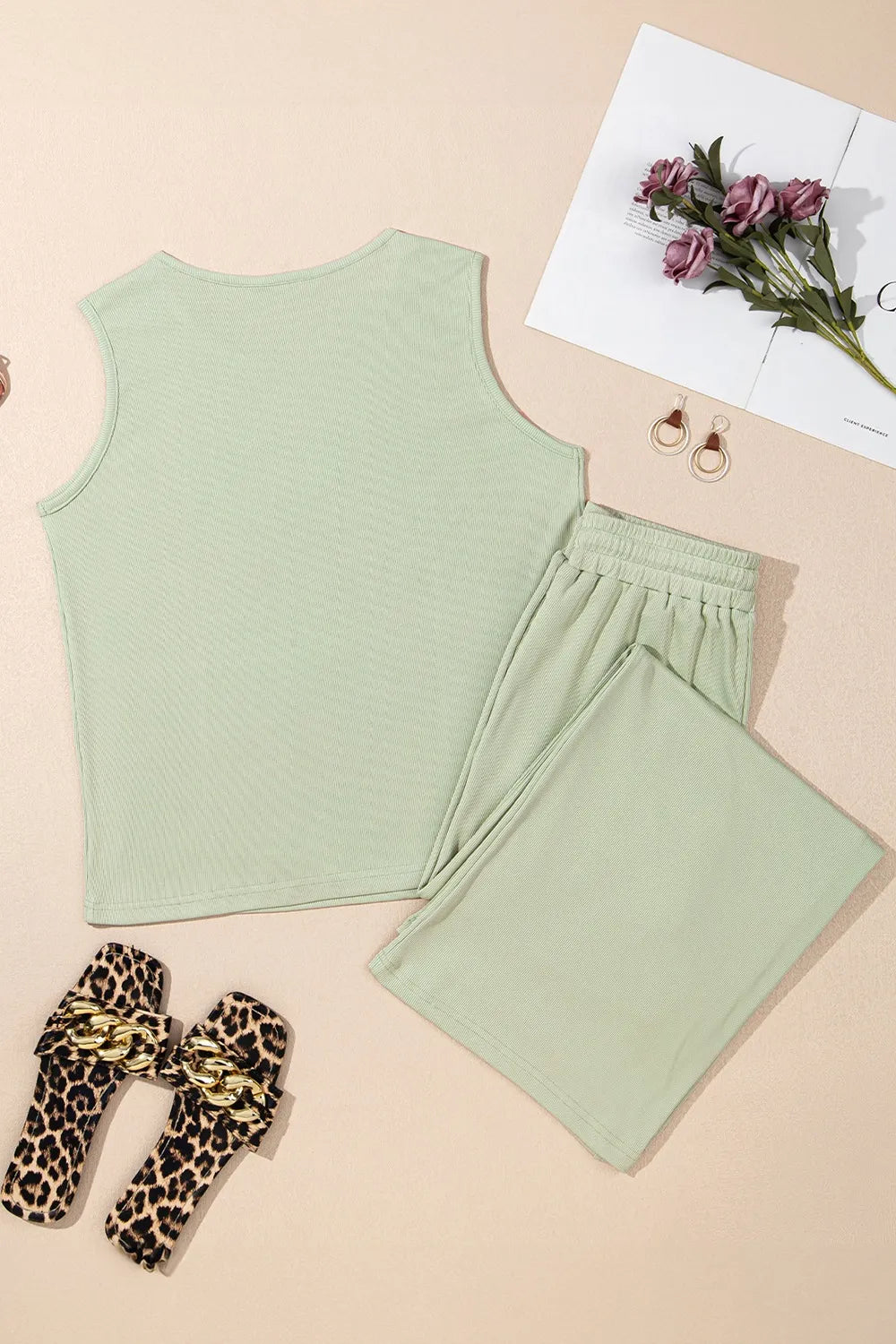Round Neck Tank Top and High Waist Pants Set.