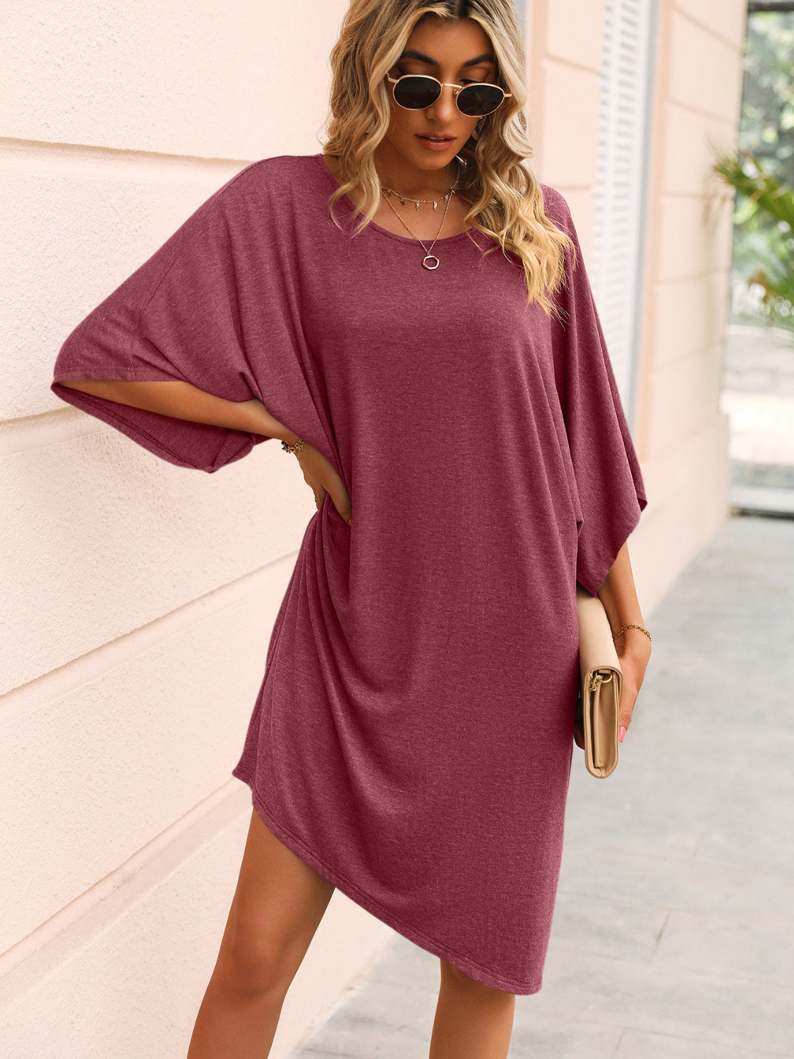 Ivy Lane Round Neck Three-Quarter Sleeve Tee Dress.