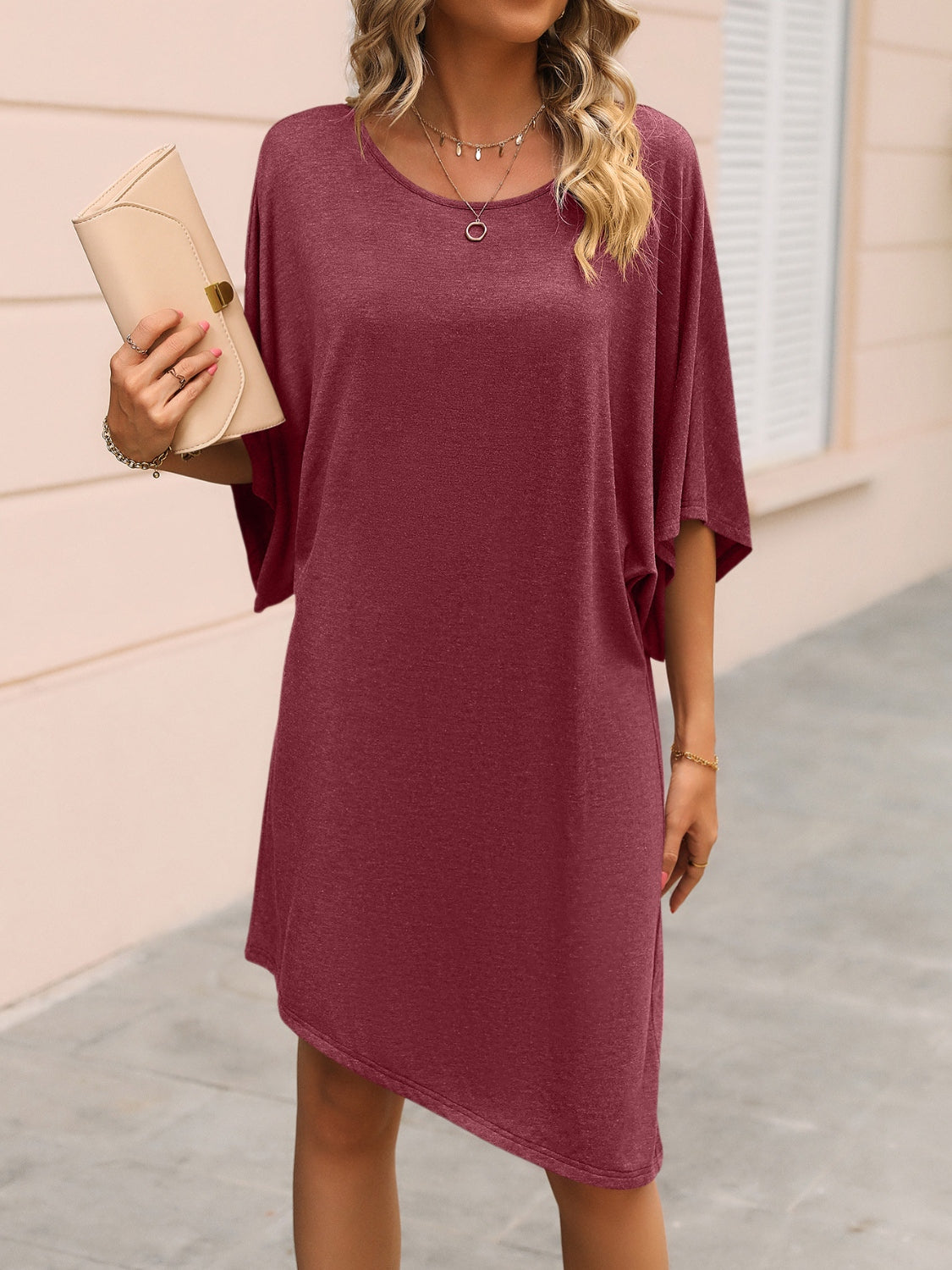 Ivy Lane Round Neck Three-Quarter Sleeve Tee Dress.
